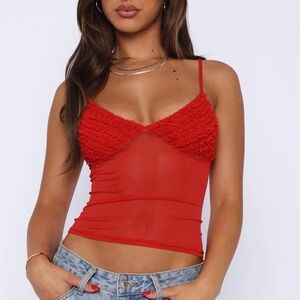 Red Ruffled sheer mesh top